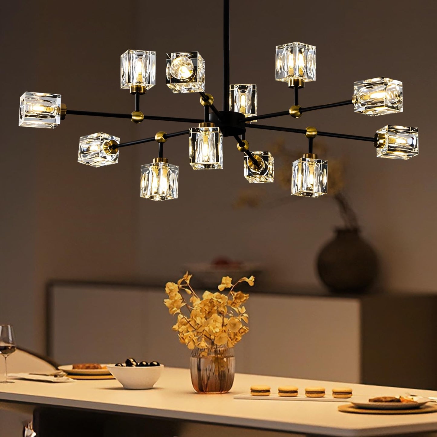 LIXDRASK 12-Light Black Crystal Chandelier Modern Sputnik Chandeliers for Dining Room Adjustable Height Sputnik Ceiling Light Fixture for Living Room Kitchen Island Bedroom