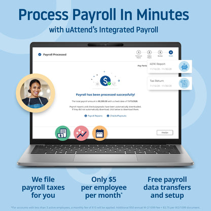 uAttend NX2500 Biometric Fingerprint, RFID, PIN Time Clock for Small Business – Cloud-Based Attendance System with Optional Payroll Integration – All-in-One System