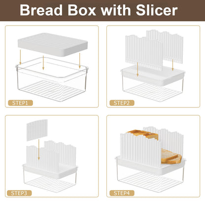 LLMRR Bread Box with Slicer & Ice Chilled Condiment Caddy, Portable Airtight Bread Storage Container with Lid Handle for Kitchen Counter, Bread Keeper for Homemade Bread,Toast, Bagel, Cookies, White