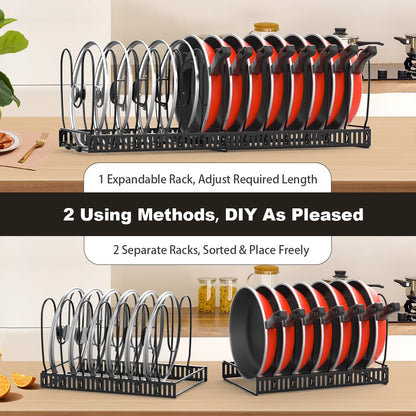 Housolution 2 Pack Pot and Pan Organizer, 12"-23" Expandable Pot Lid Organizer with 14 Adjustable Dividers, Pan Lid Holder Storage Rack for Cabinet, Black