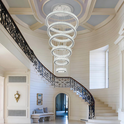 Finktonglan 6-Ring Crystal LED Chandelier, Cool White 6000K Modern Pendant Light, Adjustable Height up to 118", K9 Stainless Rings (Ø7.9–27.6"), Non-Dimmable for Foyer Stair Living Room