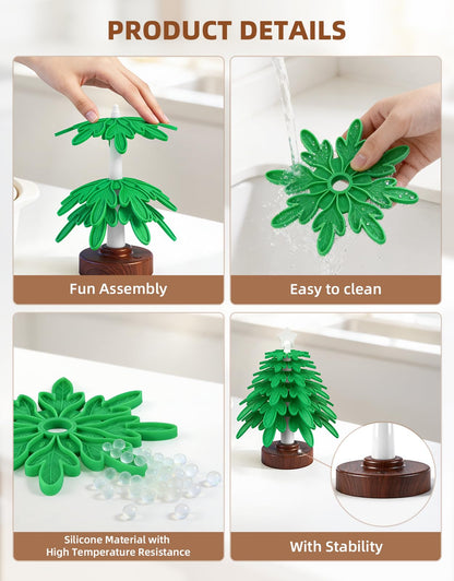 Silicone trivet tree Placemats, Tree Trivet Set-6pcs Trivets for HotDishes with Stand, Wooden-Style Tree Trivet Look, Non-Slip Washable Trivet, Trivets with RGB Light, Tree Pot Holder for Various dish