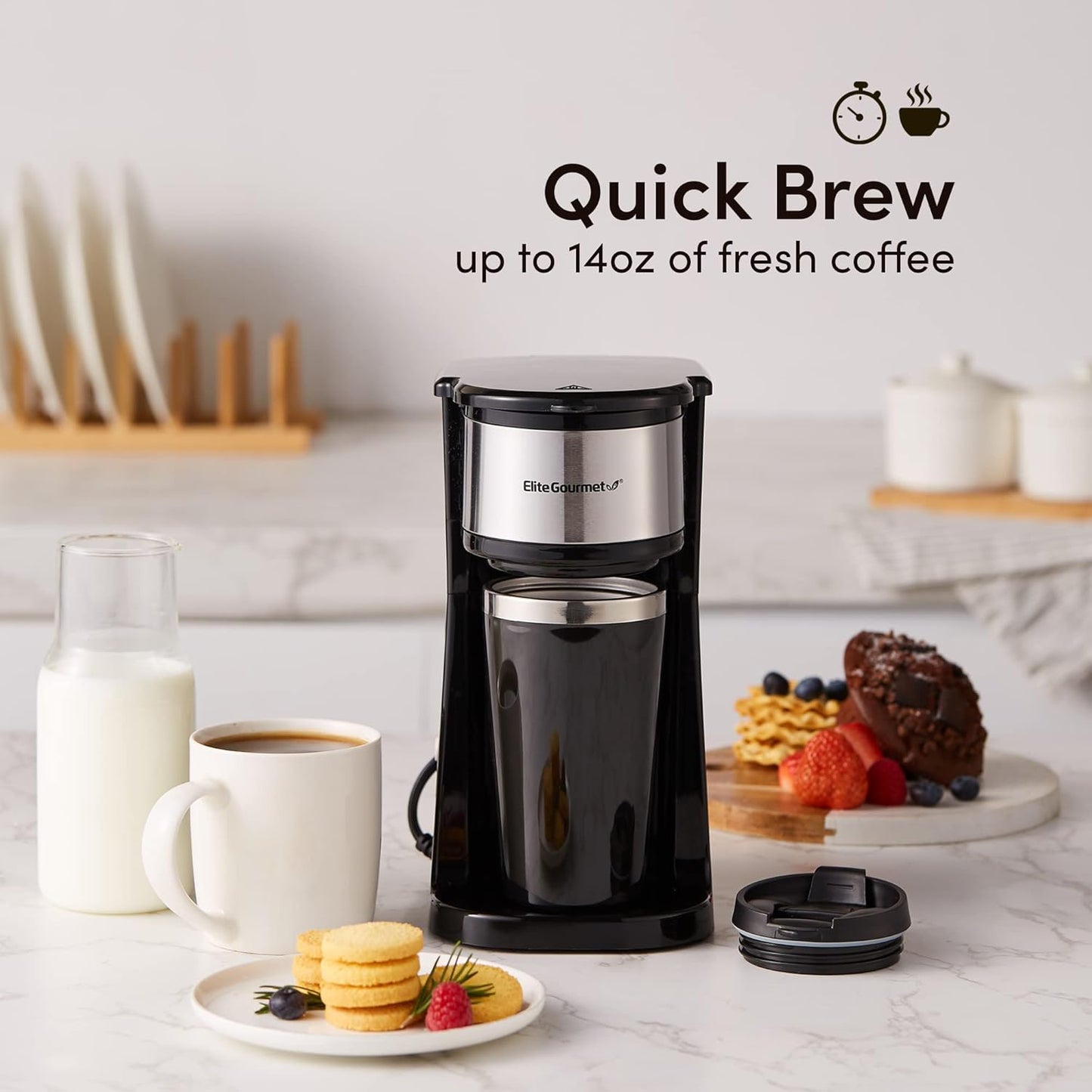 Elite Gourmet EHC112 Personal Single-Serve Coffee Maker, Includes 14Oz Stainless Steel Thermal Travel Mug