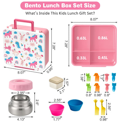 Bento Lunch Box with 9.5 oz Soup Thermo, Kids Leakproof 4 Compartments Bento Box with Silicone Cupcake,Fruit Fork,Spoon and Sauce Cup,Insulated Food Jar for School Travel-Rainbow Horse