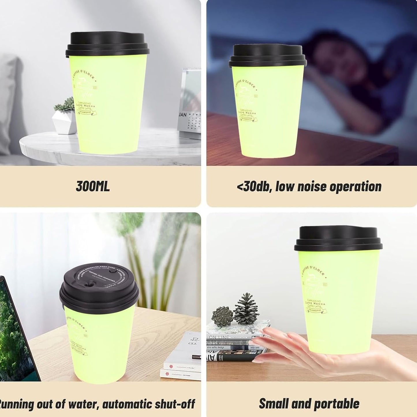 USB Humidifier Mini Desktop 300ml Car Humidifier Coffee Cup Shape for Home Outing (Green)
