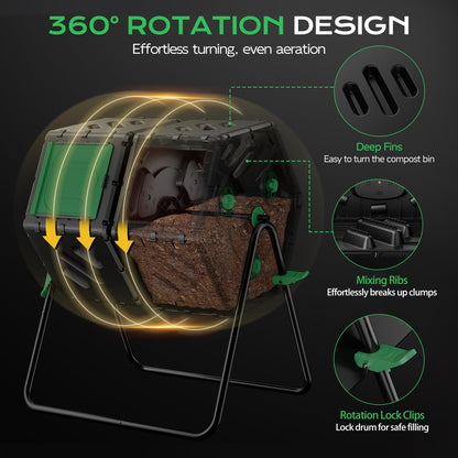 TOP XIAN Compost Tumbler 45 Gallon/170L, Easy-Assemble Dual Chamber Compost Bin Outdoor, 360°Rotating Large Composter for Outside, Backyard, Garden, Gifts for Seasoned Gardeners & Beginners-Green