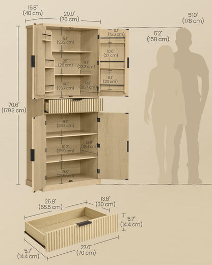 VASAGLE MAXE Collection - Pantry Cabinet, 70.6-Inch Tall Storage Cabinet with Drawer, 6 Adjustable Shelves, 2 Cabinets, Fluted Doors, Mid Century Modern, for Kitchen Living Room, Oak Beige UBBK365Y01