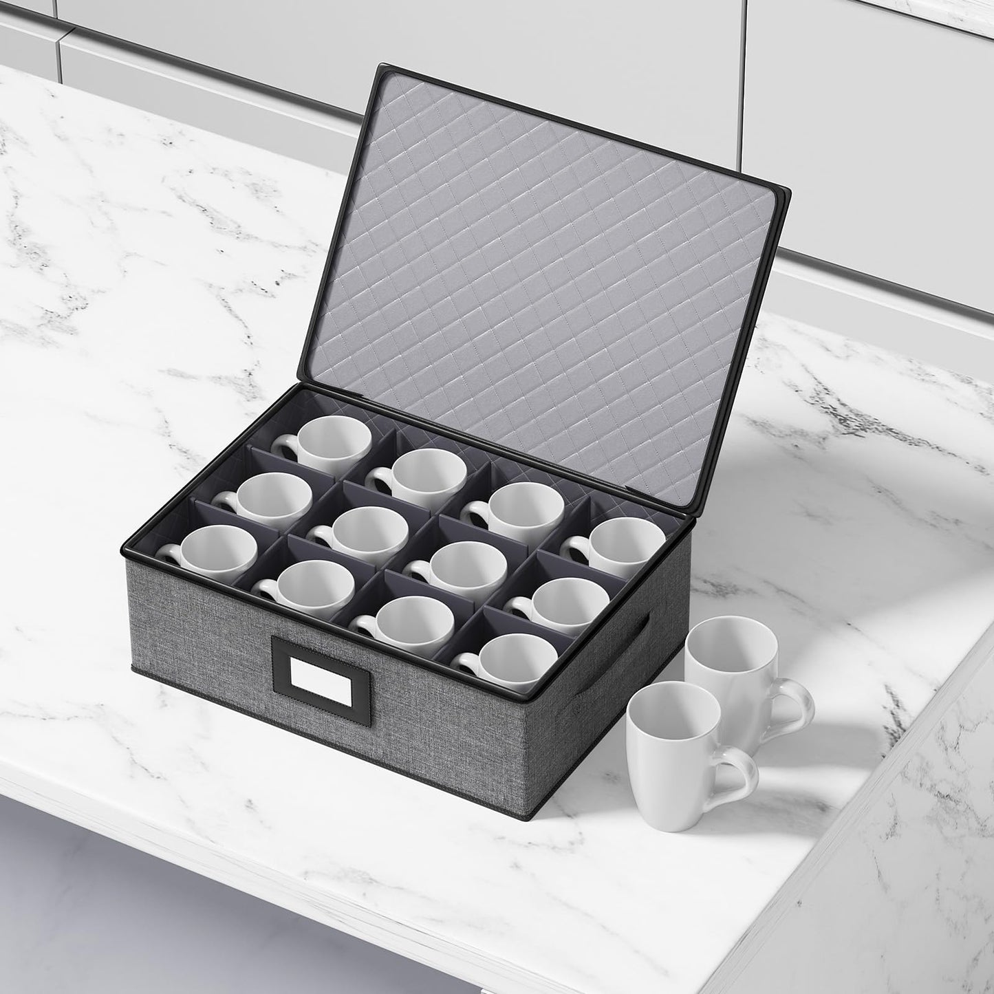 Aokeyee 2-Pack Cup & Mug Storage Box with Dividers, Hard Shell Organizer with Lid, Handles, Zippers & Label Slot, Holds 24 Mugs, Teacups & Glasses, Stackable Containerfor Moving & Protection, Grey