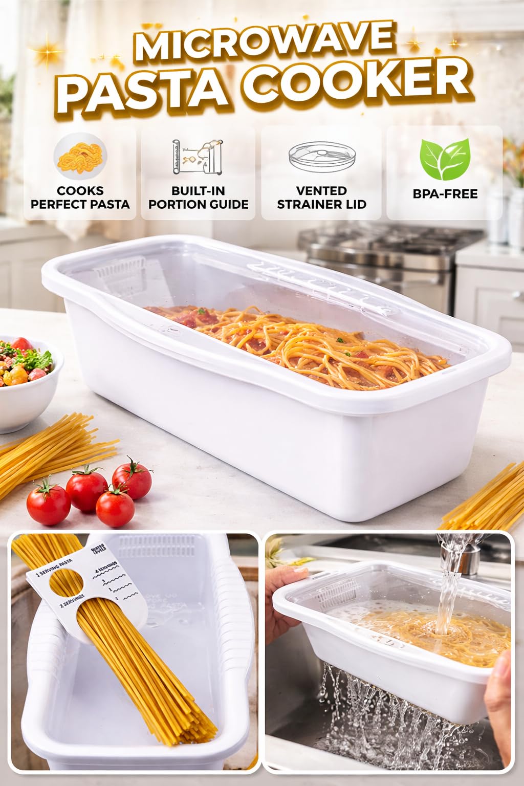 Microwave Pasta Cooker with Built-In Portion Tool, BPA-Free Microwave Pasta Maker for Spaghetti, Ramen & Vegetables, Dishwasher Safe