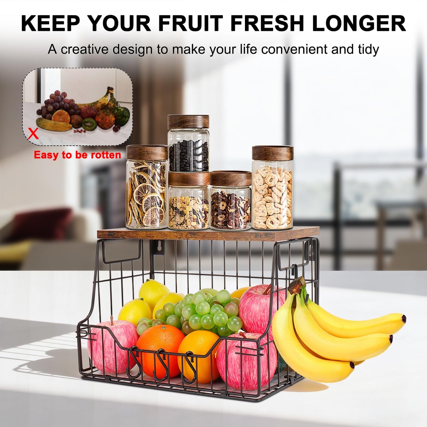 Livabber Fruit Basket for Kitchen, Metal Fruit Vegetable Storage Bin with 2 Banana Hangers, Countertop Wire Basket Organizer for Snack Potato Onion, Screw Mounted or Stand (Black, 1 Pack)