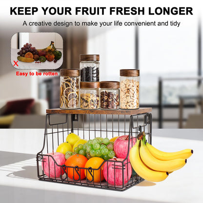 Livabber Fruit Basket for Kitchen, Metal Fruit Vegetable Storage Bin with 2 Banana Hangers, Countertop Wire Basket Organizer for Snack Potato Onion, Screw Mounted or Stand (Black, 1 Pack)