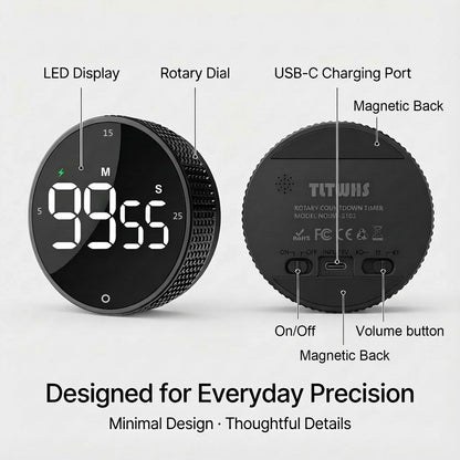 TLTWHS Rechargeable Magnetic Kitchen Timer, LED Countdown/Count-Up Timer, Supports USB-C Charging, with Loud Alarm, 3 Preset Quick Times (5/15/25m), Perfect for Kitchen Cooking, Studying, and Fitness