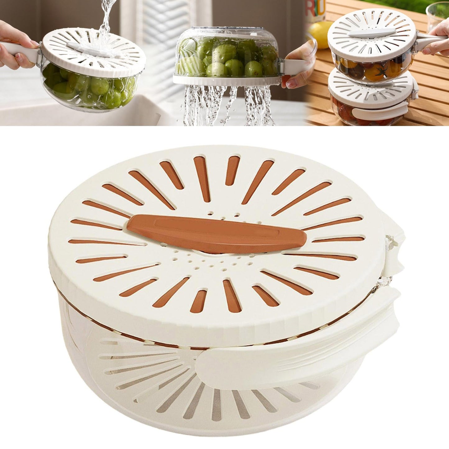 Kitchen Fruit Drainage Basket, Multifunctional Drainage Bowl, Fruit and Vegetable Washing Bowl with Lid, Kitchen Dual-Layer Draining Basket with Foldable Handle Portable 6.1" Fruit Strainer Brown