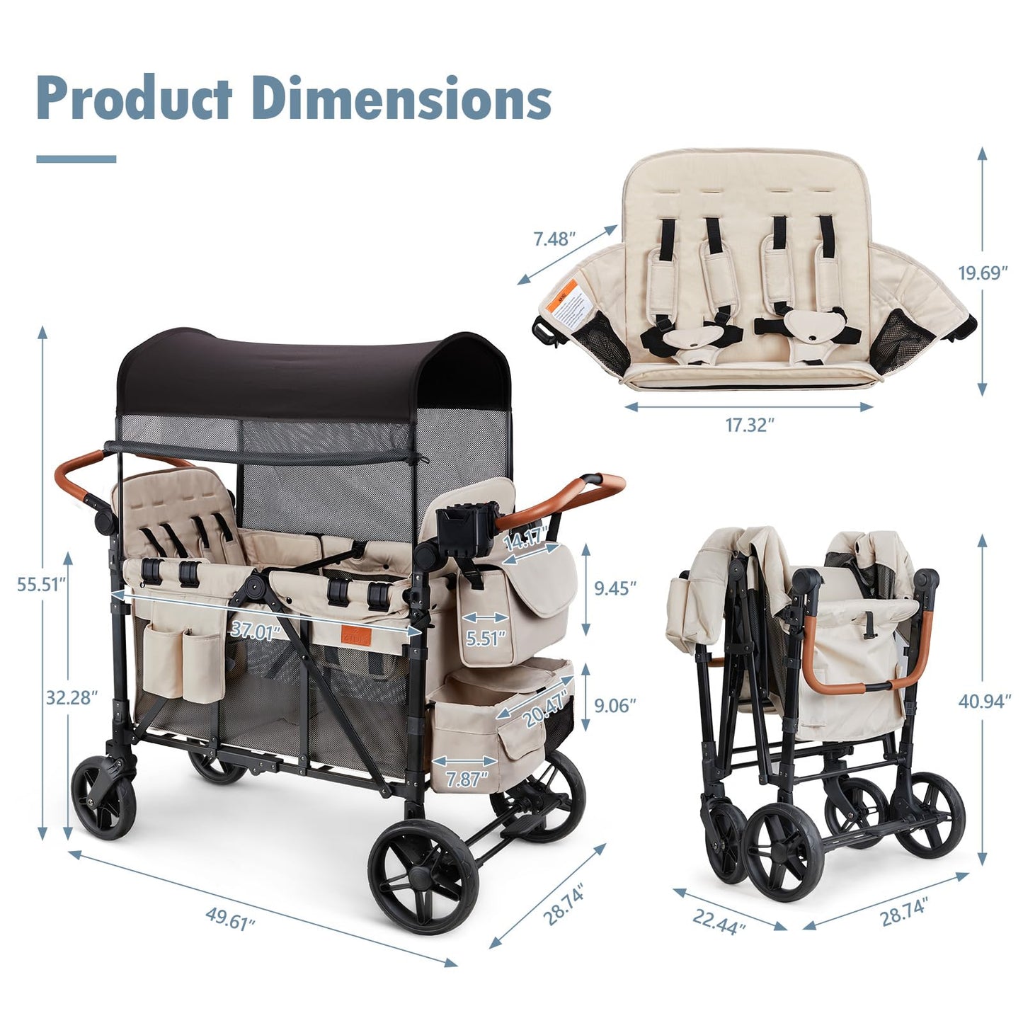 ZTDM Wagon Stroller for 4 Kids, All-Terrain Wagon for Toddler with Canopy, Parent Organizer, Shoulder Bag, Adjustable Handlebar, Phone Holder, High Seat & 5 Point Harness, Ultimate Quad (Beige)