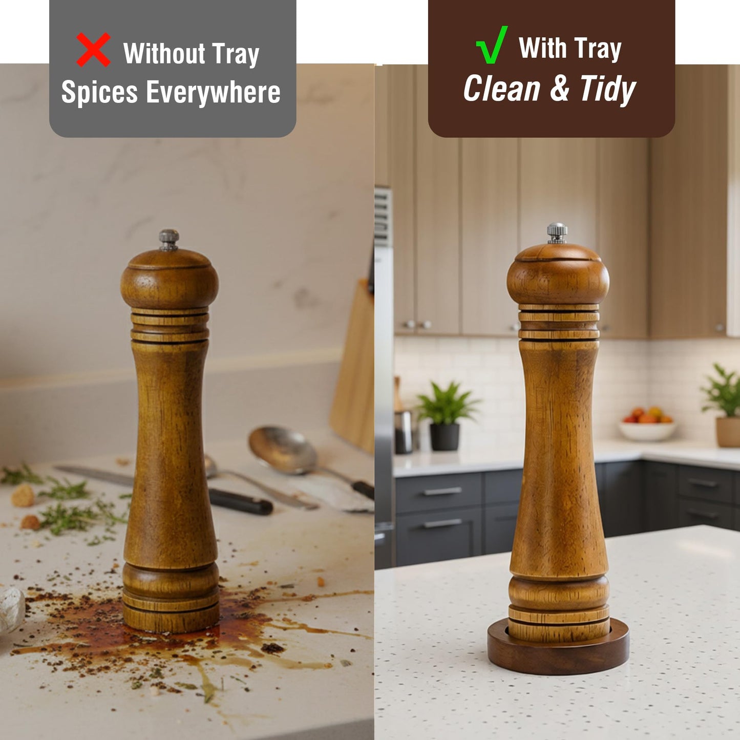 M JINGMEI Wood Salt and Pepper Grinder, Salt Grinder and Pepper Mill, Oak Wood Shakers with Adjustable Ceramic Grinders (8″ - 1 Pack with Tray)