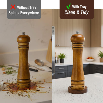 M JINGMEI Wood Salt and Pepper Grinder, Salt Grinder and Pepper Mill, Oak Wood Shakers with Adjustable Ceramic Grinders (8″ - 1 Pack with Tray)