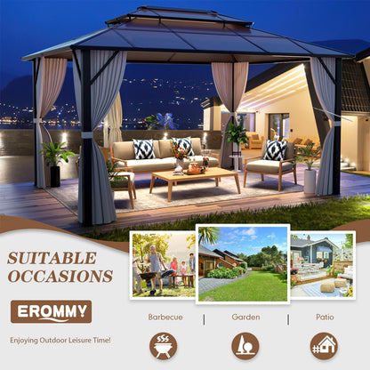 EROMMY 10' x 13' Gazebo Polycarbonate Double Roof Canopy Outdoor Aluminum Frame Pergola, Permanent Pavilion with Netting and Curtains for Garden Patio Lawns Parties