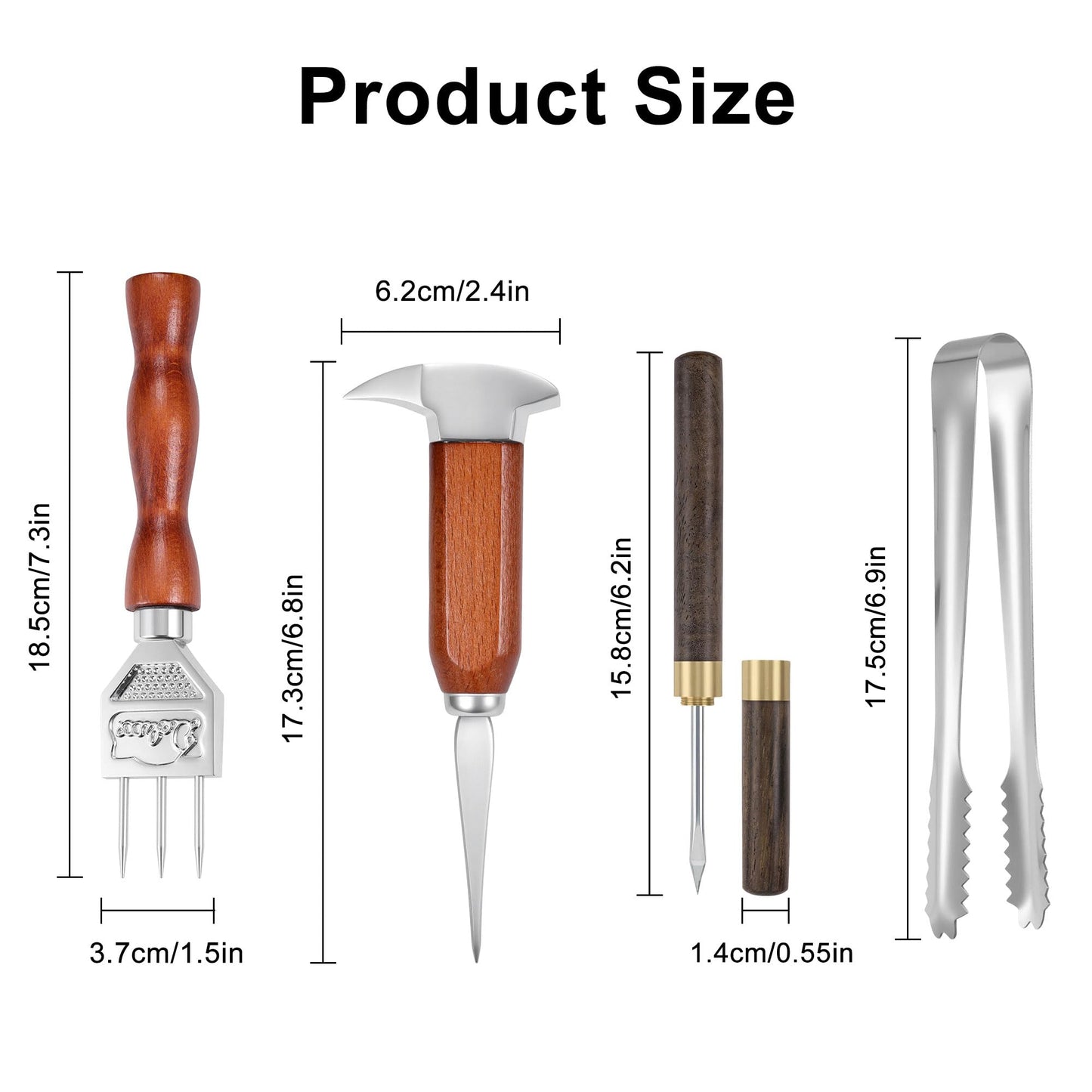 4Pcs Ice Pick Set, Stainless Steel Ice Chipper with Wood Handle, Bartender Kit Ice Crusher with Tong Ideal for Bars, Kitchen and Carving Craft Art