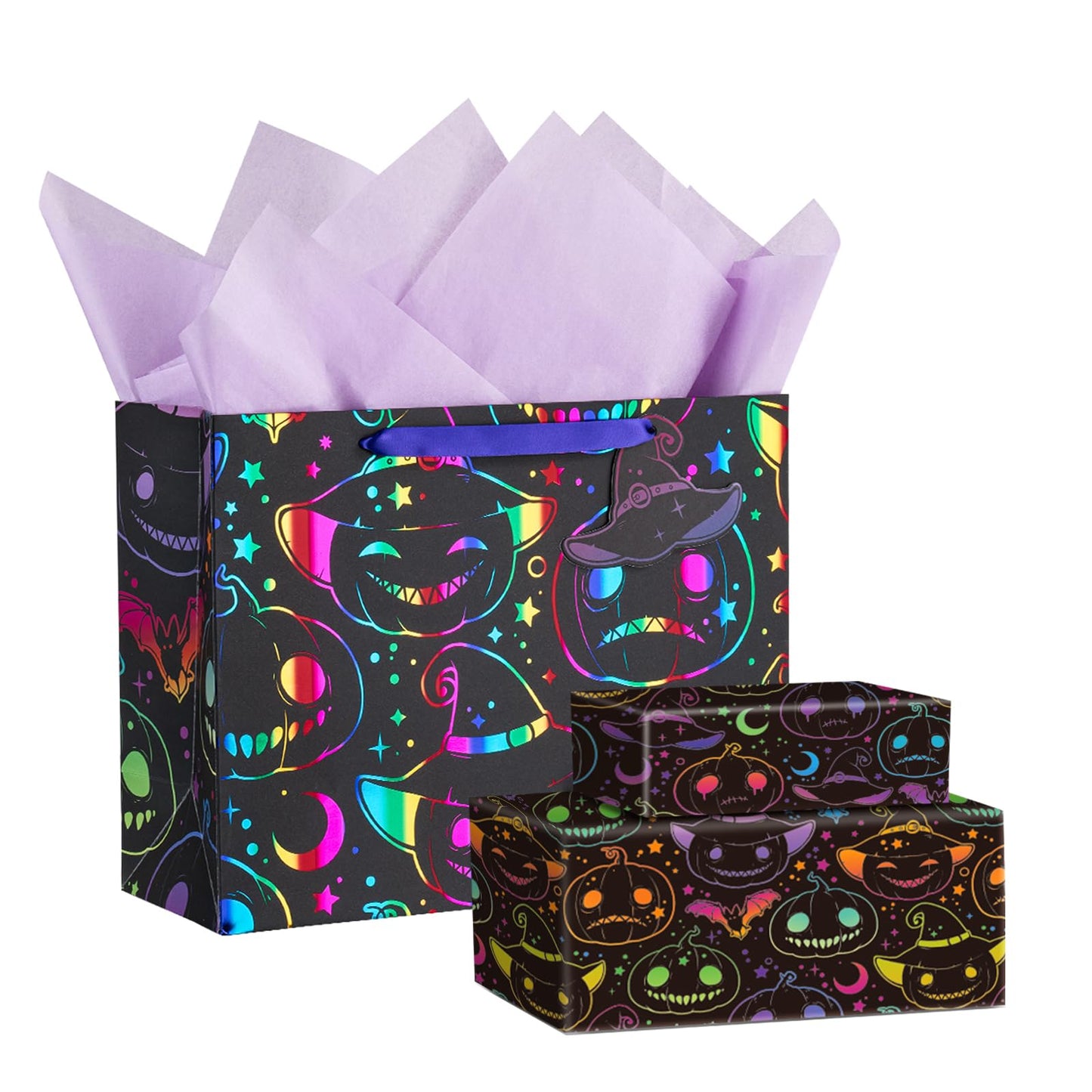 LeZakaa Halloween Pumpkin Wrapping Paper Roll, 13" Gift Bag with Tissue Paper, Gift Tag, and Card, Evil Pumpkin Fluorescent Black Design for Halloween, Holidays, Party