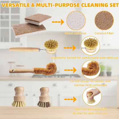 Natural Bamboo Dish Brush Set - 6 PCS Kitchen Cleaning Brush Kit with 4 Utensil Brushes and 2 Coconut Fiber Dish Sponges, for Cleaning Pots, Pans, Dishes, Bottles, Vegetables, and Fruits