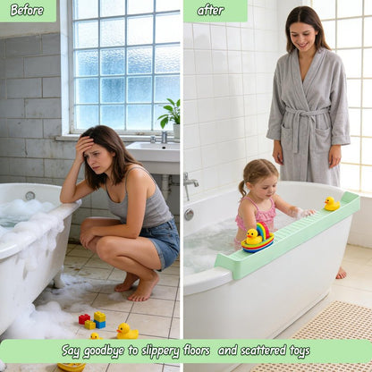 Bathtub Splash Guard for tub Kids& Bath Shelf for Kids – Toddler Bath Tray, Bath Toys Storage & Ledge Organizer – Splash Guard for Bathtub with Suction Cups – Kids Bathroom Accessories(2.6FT, Green)