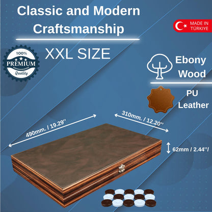 Turkish Backgammon Set for Adults, 19 Inch Luxury Ebony & Leather Backgammon Board, Premium Foldable Travel Game with Acrylic Checkers & Dice, Elegant Gift Choice for 2 Players