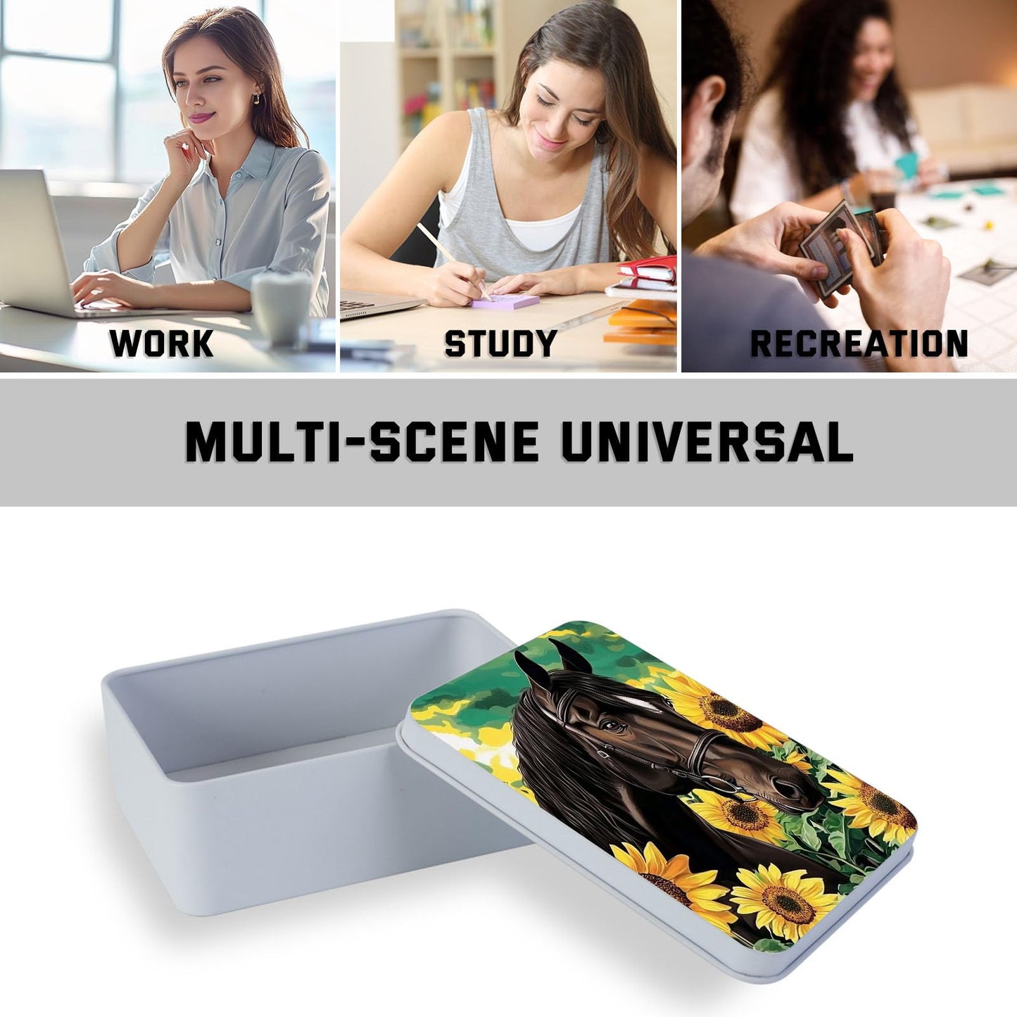 VACGBJPG Metal Tin Box with Lid for Game Cards Home Organizer Candles Keys Crafts Storage - Equipped with 4 Magnetic Cord Clips，Horses and Sunflowers