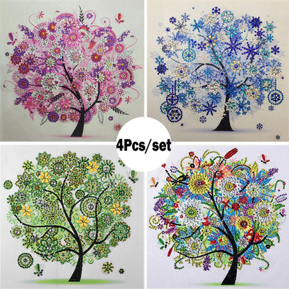 DIY 5D Diamond Painting by Number Kits Diamond Art Special Shape Rhinestones for Adults Beginner Colourful Four Season Tree Home Wall Decor 11.9x11.9 Inch (4 pcs)