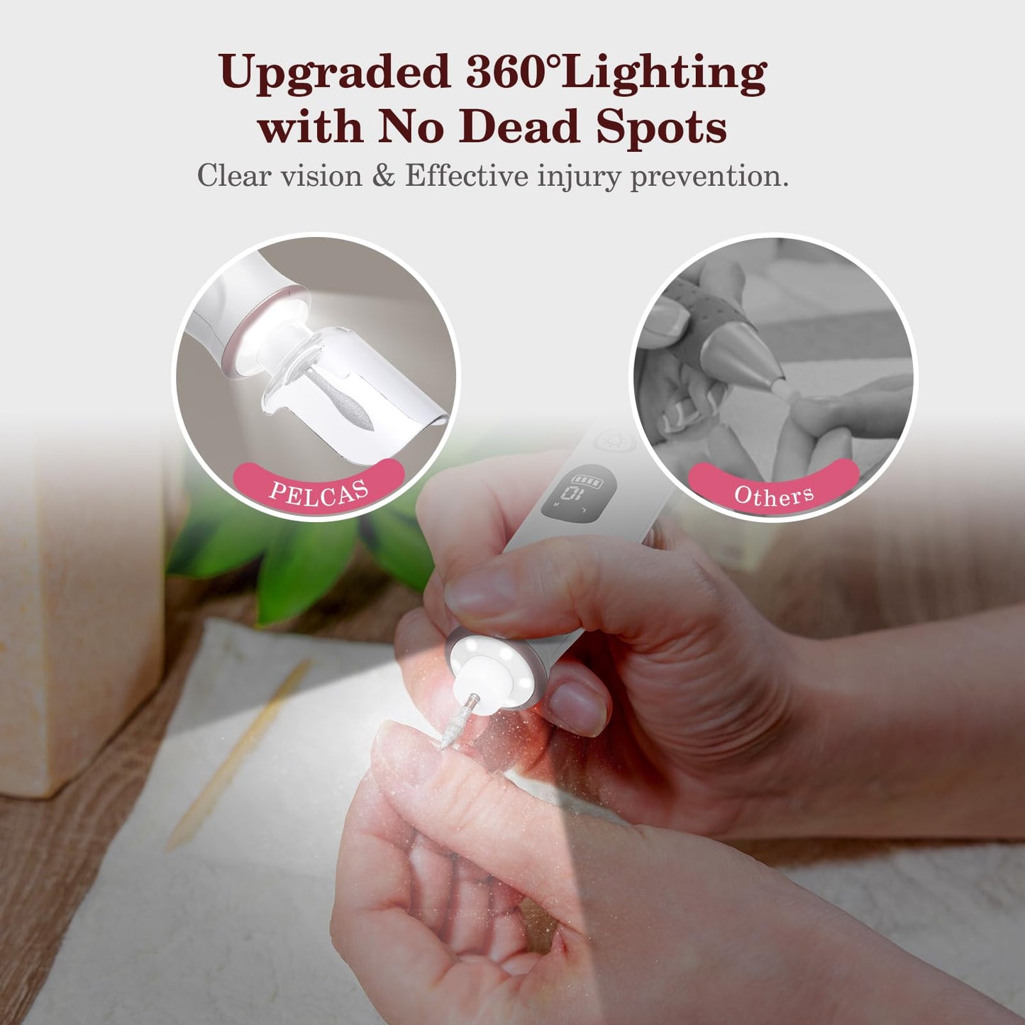 PELCAS Electric Nail Grinder, 10 Speeds Cordless Nail Drill with LED Light, Portable Manicure and Pedicure Kit, Nail File with LCD Screen for Human, Pet, Thick Toenails, Natural & Acrylic Nails Grey