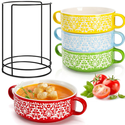 Acshio Set of 4 French Onion Soup Bowls with Handles, 20 Oz Ceramic Multicolor Soup Bowls with Organizer Rack, Stackable Soup Serving Crock for Beef Stew, Pasta, Cereal, Pot Pies