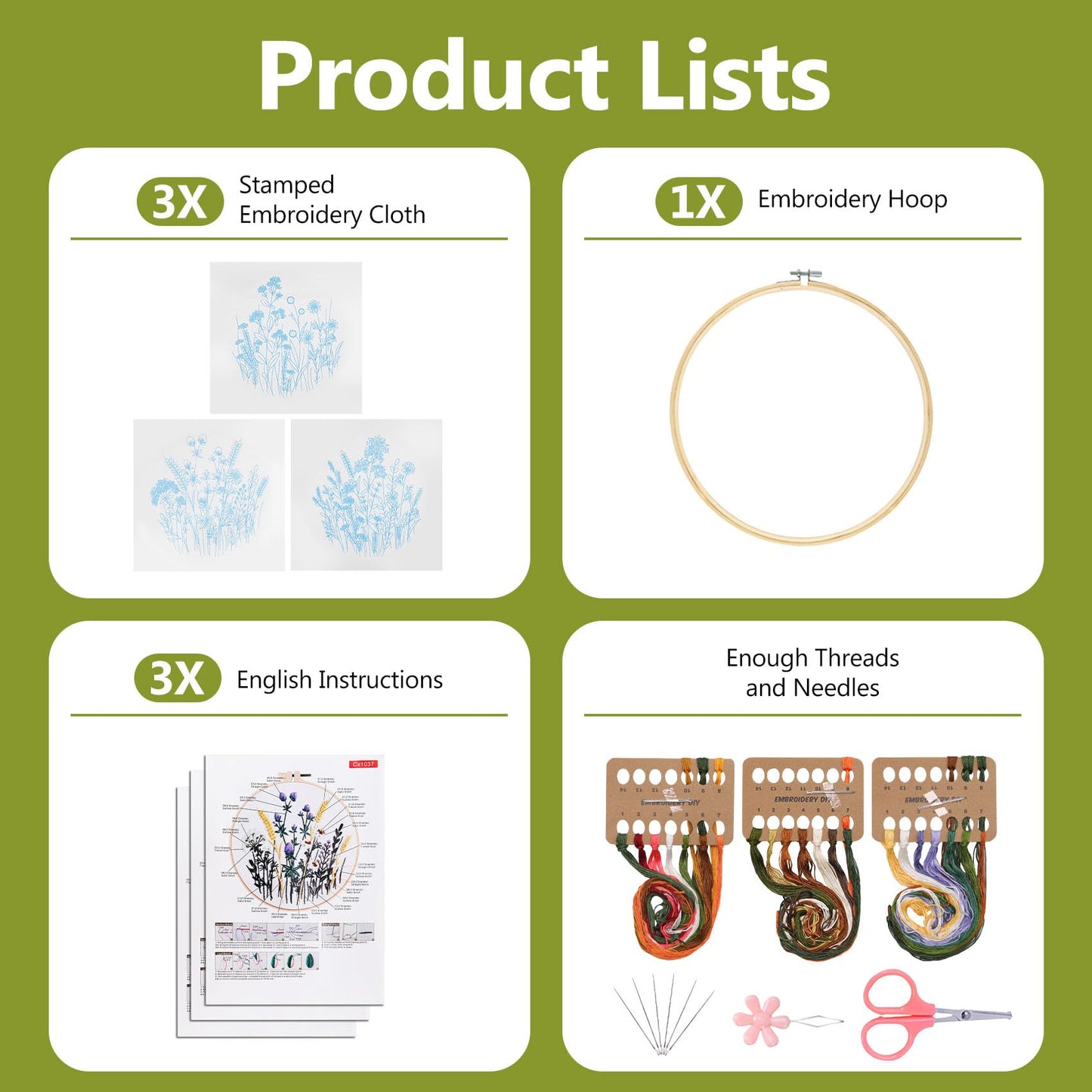 Santune 3 Pack Embroidery Kit for Beginners, Needlepoint Cross Stitch Kits for Adults,Needle Point Sets with Stamped Wild Flower Pattern Stitch Video Tutorial