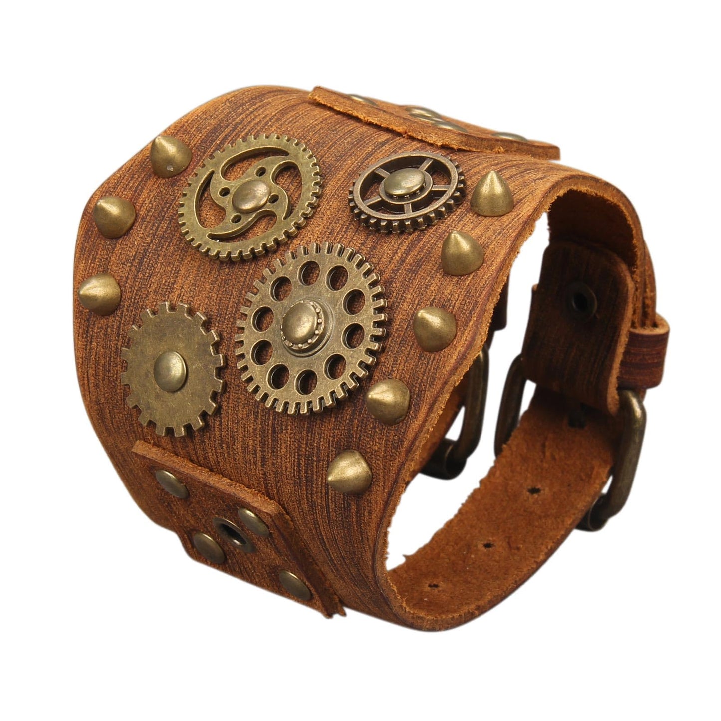 GelConnie Brown Leather Cuff Bracelet for Men Steampunk Gear Studded Wristband Punk Vintage Bracelet Adjustable Jewelry Gift