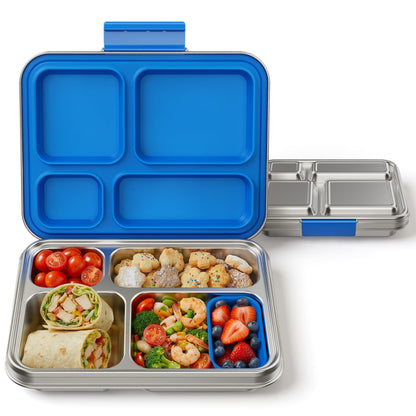 FAJSL Stainless Steel Bento Box, 4-Compartment Metal Lunch Box with Removable Silicone, Lunch Container for Kids & Adults with Silicone Inner Container, School, Office, Dishwasher Safe(Blue)