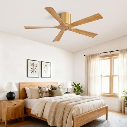 ELEHINSER 52 inch Low Profile Ceiling Fan without Light, 5 Solid Wood Blades, 6-Speeds, Quiet DC Motor, Timer, Flush Mount Modern Ceiling Fan with Remote for Living Room Bedroom, Gold + Beechwood