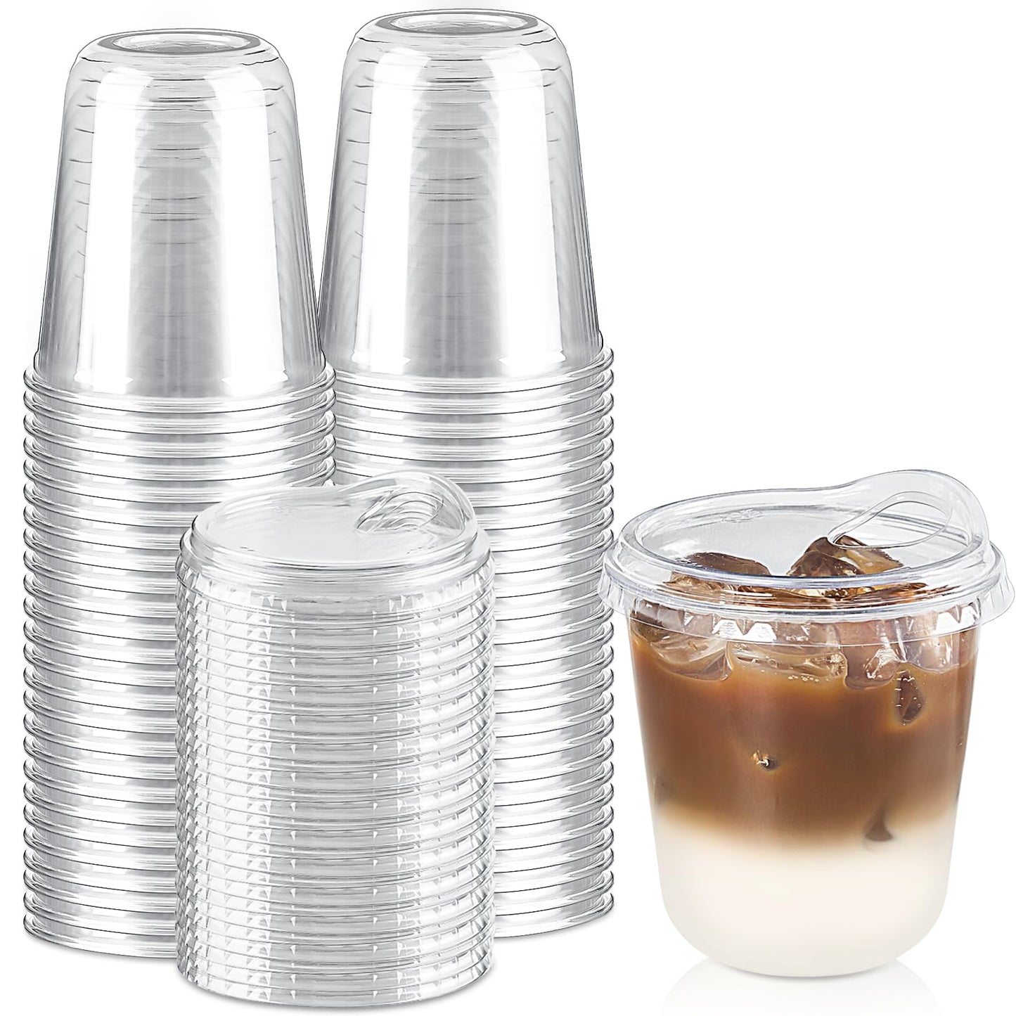 Qeirudu 12 Oz Round Bottom Clear Plastic Cups with Strawless Sip Lids, 50 Pack Disposable Iced Coffee Cups To Go Cups for Cold Drinks, Smoothie, Juice, Milkshake