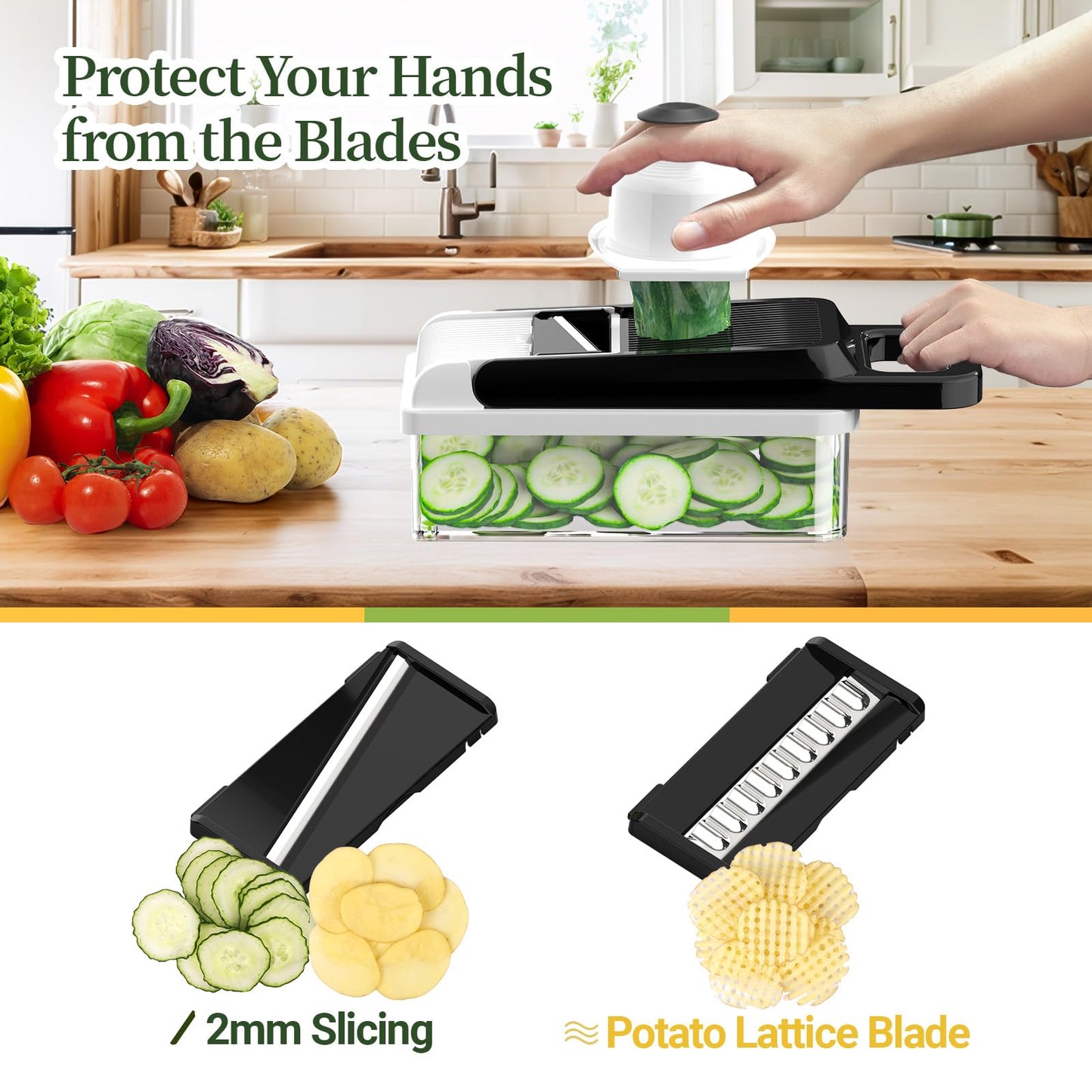 StoreHappily 12-in-1 Vegetable Chopper, 7 Blades Veggie Chopper with Container and Lid, Dicer, Slicer, Multifunctional Kitchen Gadgets, Vegetable Cutter with Handle, Onion Cutter(Black/White)