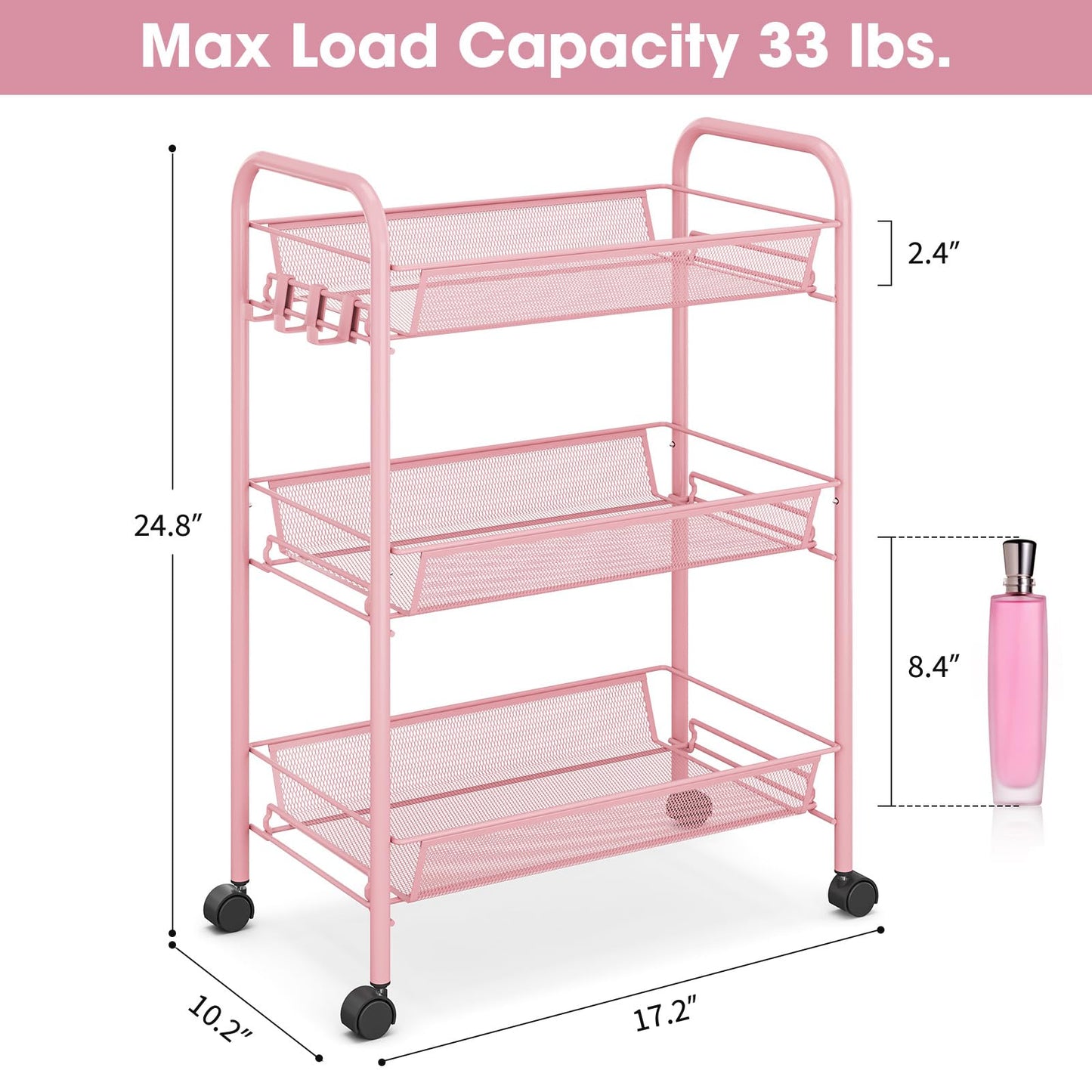 TOOLF 3 Tier Rolling Cart Pink - Metal Storage Organizer with Wheels, 33 lbs Shelf Capacity, Easy 5-Min Assembly, for Girls Room Bathroom Kitchen Office Nursery, Compact Design for Small Spaces, Pink