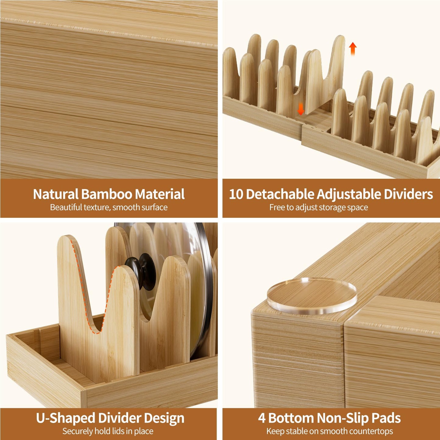 Housolution Bamboo Pot and Pan Organizer for Cabinet, 15"-29" Expandable Pot Lid Organizer with 10 Adjustable Dividers, Pan Holder Storage Rack with Solid Bamboo Wooden Base