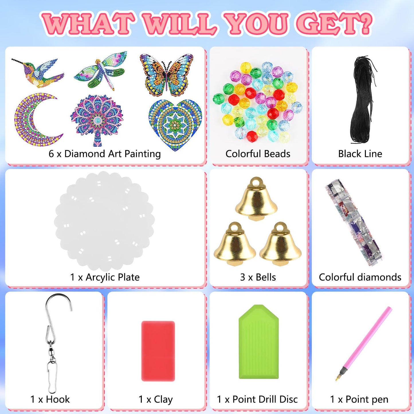 Bowetile 5D Diamond Art Kits for Adults, Mandala Diamond Art Wind Chimes, Diamond Painting DIY Wind Chime Suncatchers Kit, Crystal Gem Pendant Hanging Ornament Christmas Gift for Women Home Decor