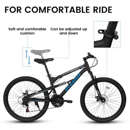 Rycheer 27.5 Inch Men Boys Mountain Bike Full Suspension, 21 Speeds Steel Mountain Bike, Disc Brakes, Adult Sport Bicycle for Trail Snow Commuter City Road