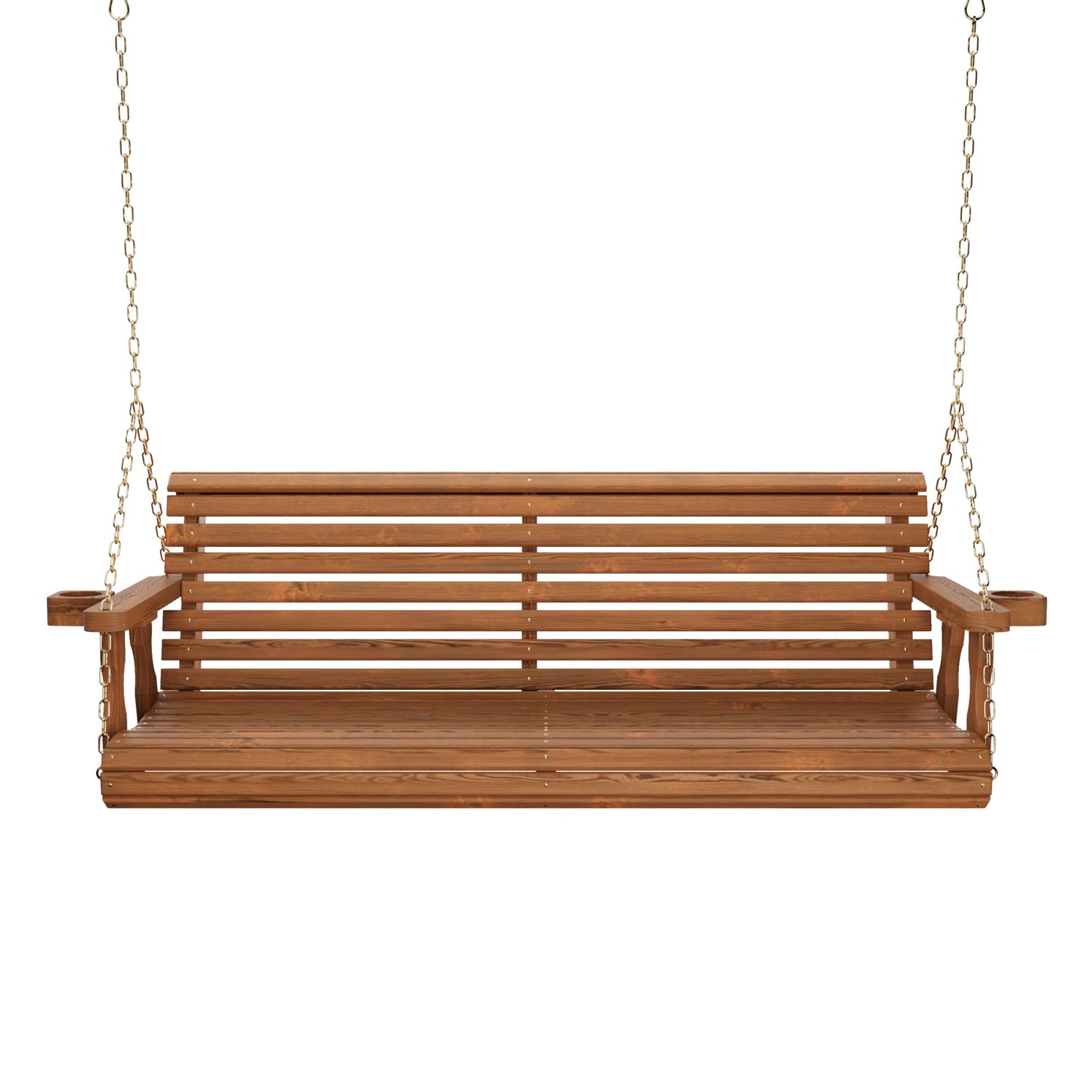 Amish Casual Heavy Duty 700 Lb Capacity Porch Swing with Cup Holders (4 Foot, Oak Stain) – Wooden Outdoor Roll Back Swing with Hanging Chains – Amish Made in the USA
