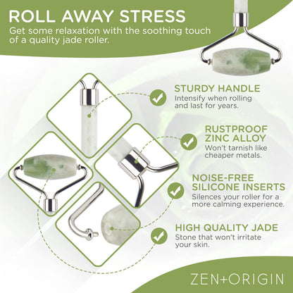 Jade Roller and Gua Sha Set - 100% Natural Jade Stone Face Roller, Dual Sided Massage Roller Stimulates Blood Flow, Relieves Stress, Reduces Signs of Aging, Travel Pouch Included, Gift Box