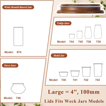 2 Pack Lids for Weck Jars 100mm Opening Acacia Tulip Glass Jar Lid with Silicone Airtight Jar Wooden Lids Fits for Weck Jar Models 738 739 740 741 742 743 744 745 748 974