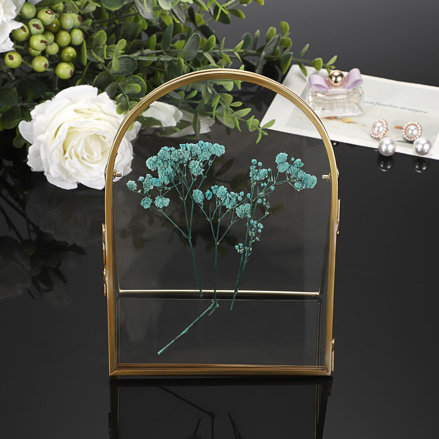 JUXYES 3 Pack Tabletop Double Glass Brass Frame for Pressed Flowers, Arch Double Sided Glass Frame Gold Floating Artwork Display Frames for Photo, Picture, Dried Pressed Flower, etc, 5x7 Inches