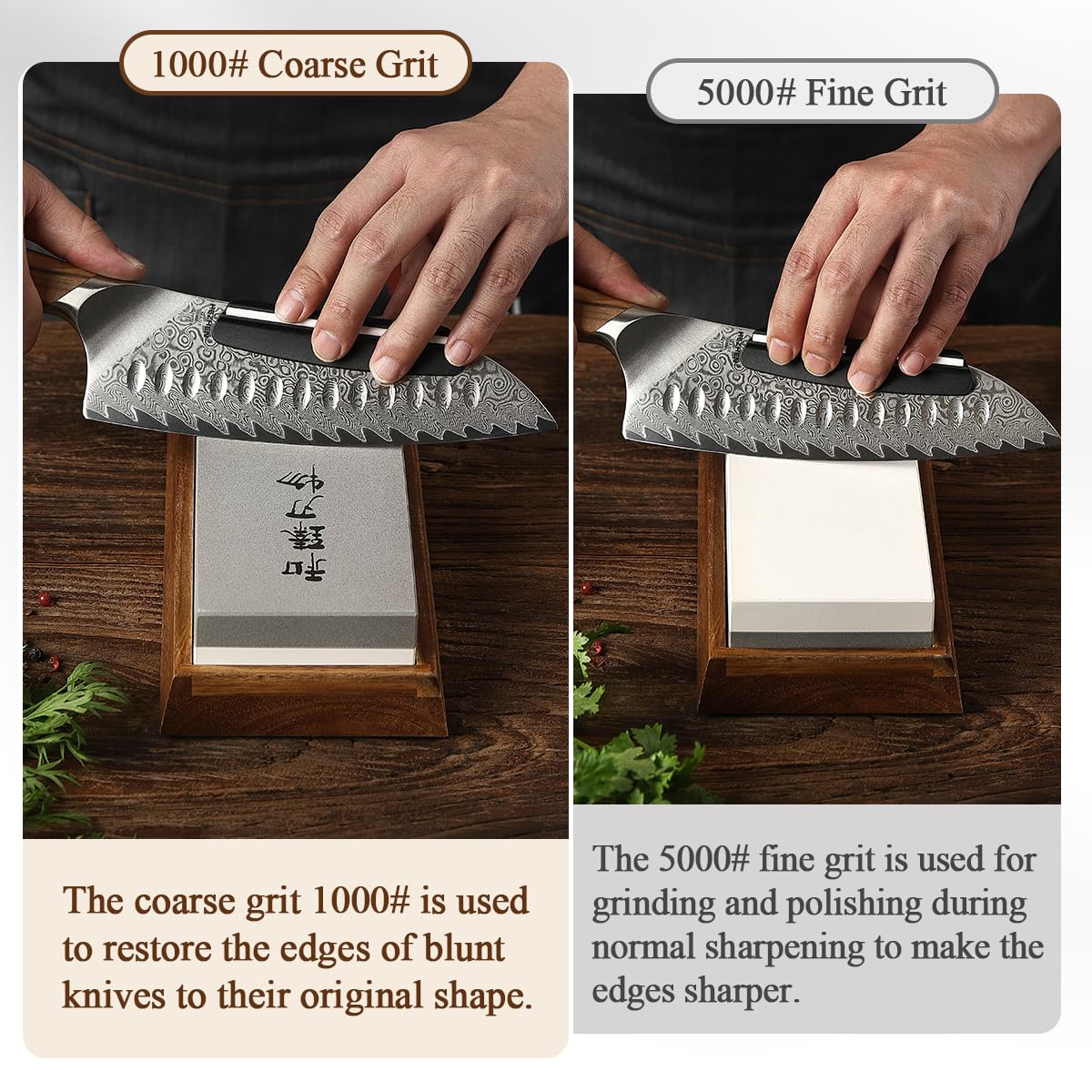 HEZHEN Extra Large Double-sided White Corundum Whetstone Knife Sharpening Stone Grit 1000/5000 Waterstone- 7.9x3.1x1.2 inch Knife Sharpener- Non-slip Acacia Wood Base & Flattening stone & Angle Guide