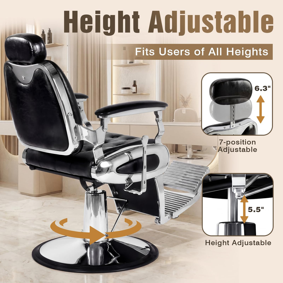 Oakvera Barber Chair, Heavy Duty Vintage Recline Hydraulic Barber Chair with Towel Bar, 360° Swivel All Purpose Professional Salon Chair Barber Shop Beauty Salon Shampoo Equipment, Black and Sliver