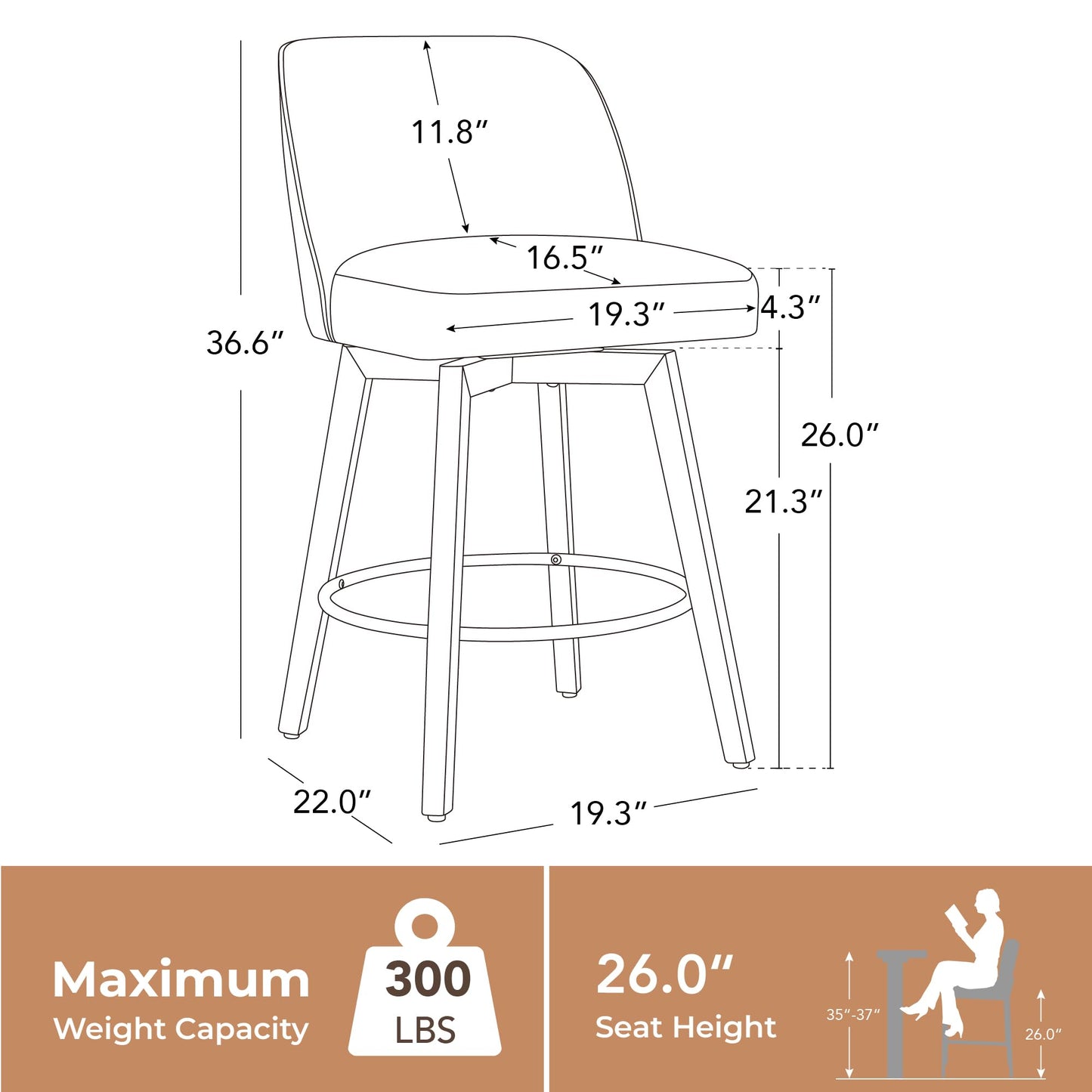 CHITA Modern Swivel Counter Height Bar Stools Set of 2, 26" Upholstered Counter Stools, Solid Wood Legs, Comfortable Cushioned Seat, Cream Fabric