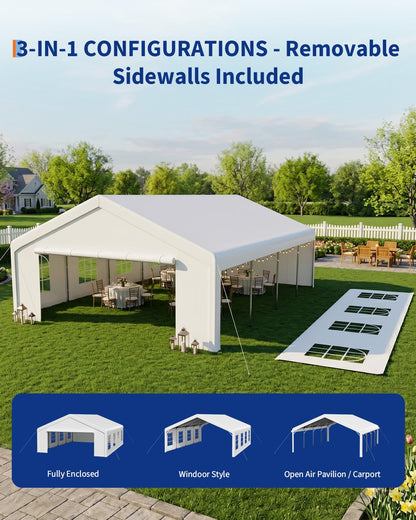 20x33 ft Heavy Duty Party Tent, Upg20x33 ft Heraded Galvanized Steel Frame Outdoor Canopy, with Mesh Screen & PE Roll-Up Double Doors, Removable Sidewalls and Windows, Wedding Event Commercial Carport