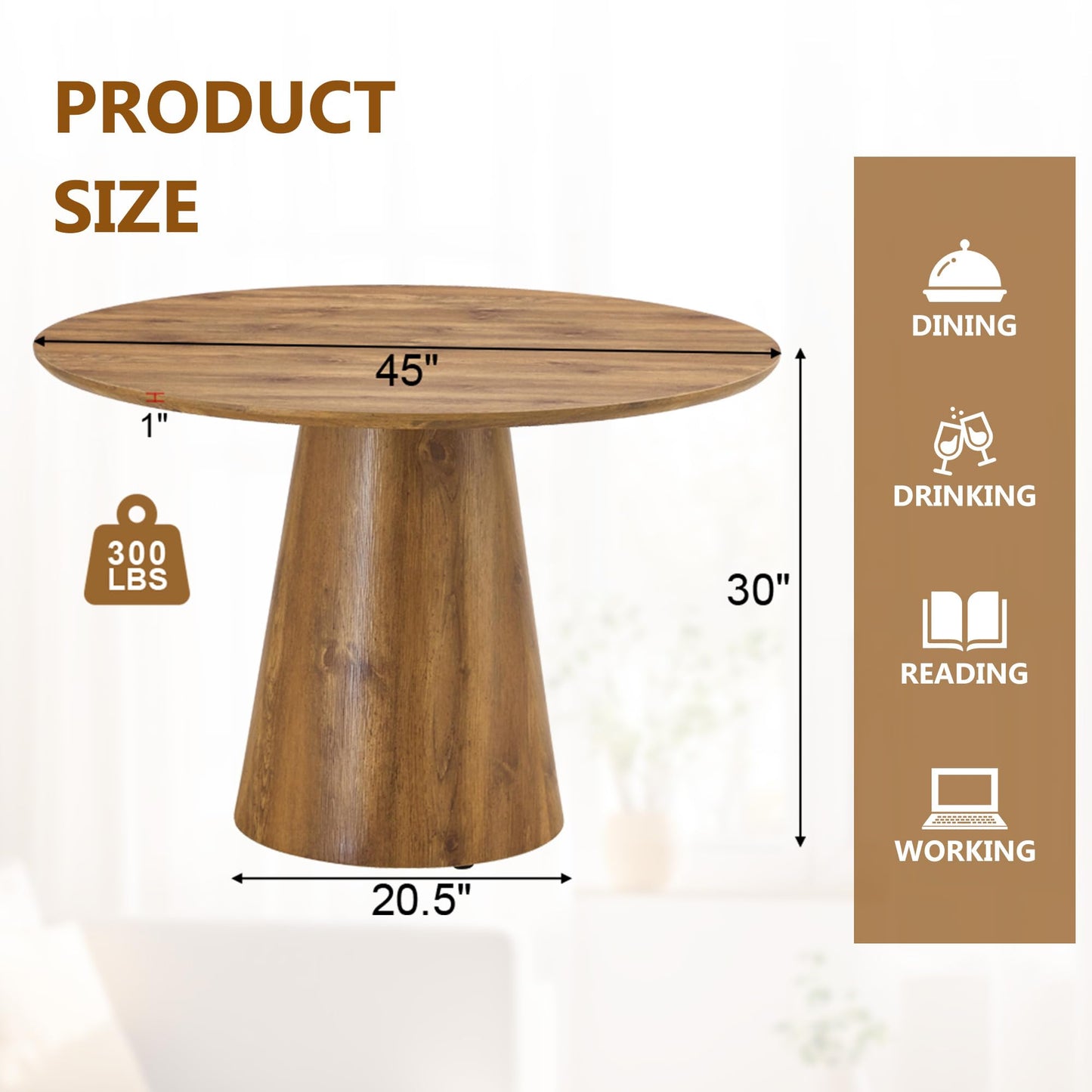 Vohuai 45-Inch Round Dining Table, Wood Round Table for 4/6, Seamless One-Piece Tabletop with Stable Conical Pedestal Base, Mid-Century Modern Round Dinner Table for Small Spaces Kitchen, Urban Family
