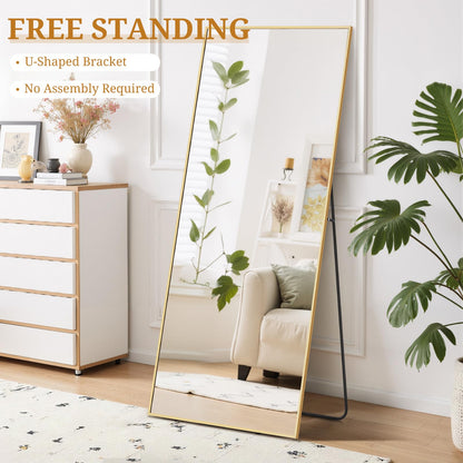 Accver Full Length Mirror 71"x26" Full Body Mirror Rectangle Free Standing Wall Mounted Leaning Floor Mirrors with Stand Aluminum Alloy Frame for Bedroom Cloakroom, Gold